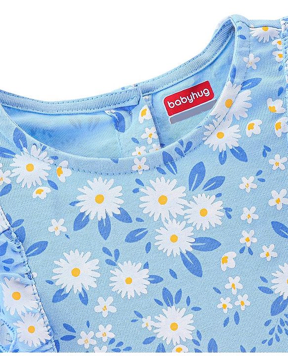 Babyhug 100% Cotton Knit Frill Sleeves Frock with Bloomers & Cap Floral Print - Blue