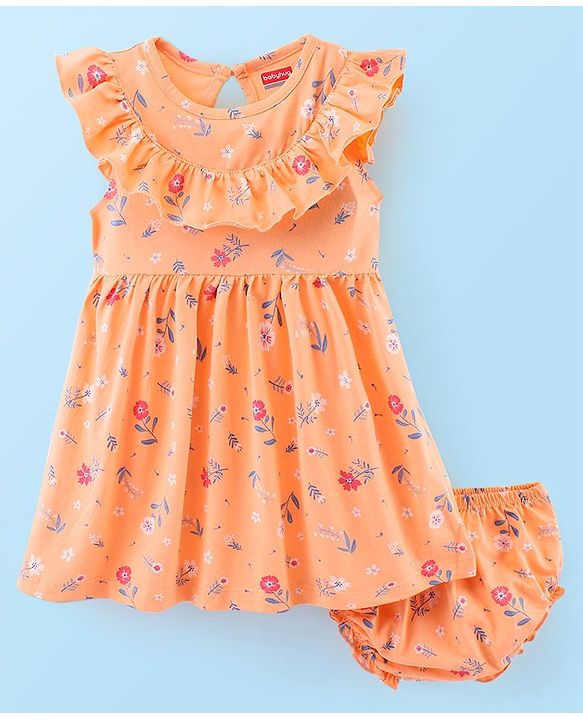 Babyhug 100% Cotton Knit Cap Sleeves Frock with Bloomer Floral Print - Orange