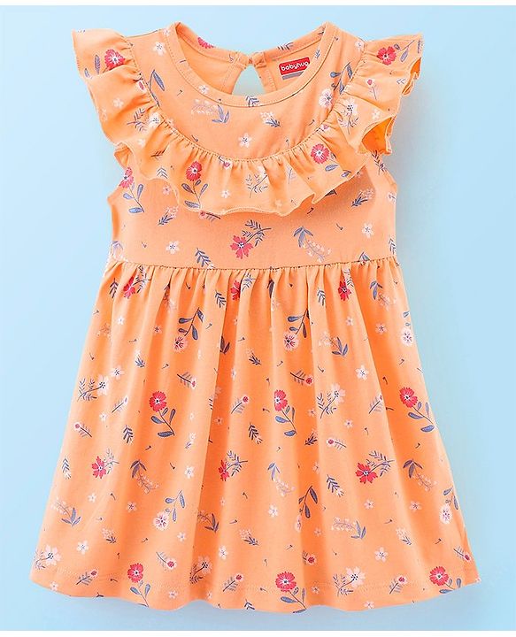 Babyhug 100% Cotton Knit Cap Sleeves Frock with Bloomer Floral Print - Orange