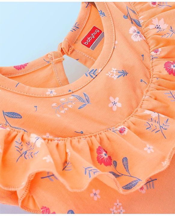 Babyhug 100% Cotton Knit Cap Sleeves Frock with Bloomer Floral Print - Orange