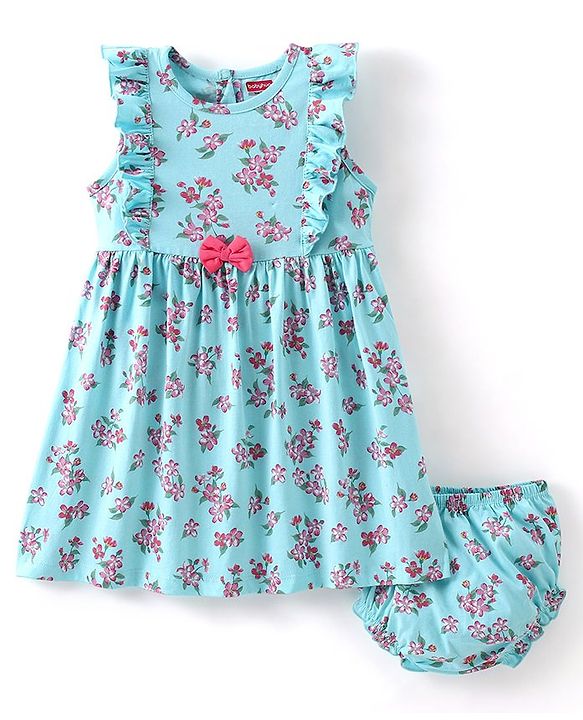 Babyhug 100% Cotton Knitted Sleeveless Frock With Bloomer Floral Print- Blue