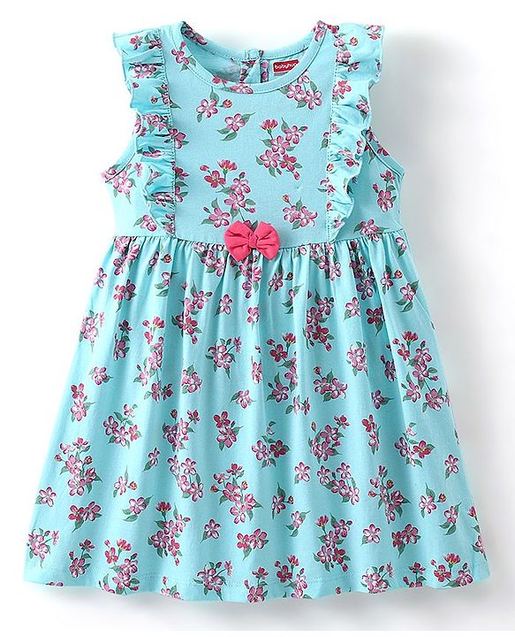 Babyhug 100% Cotton Knitted Sleeveless Frock With Bloomer Floral Print- Blue