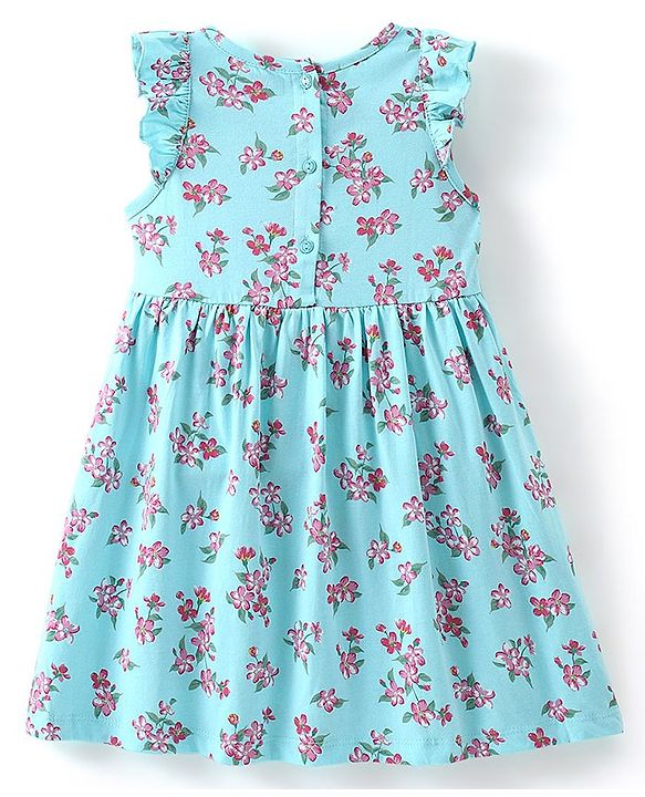 Babyhug 100% Cotton Knitted Sleeveless Frock With Bloomer Floral Print- Blue