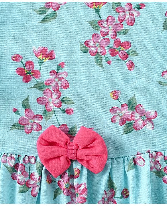 Babyhug 100% Cotton Knitted Sleeveless Frock With Bloomer Floral Print- Blue