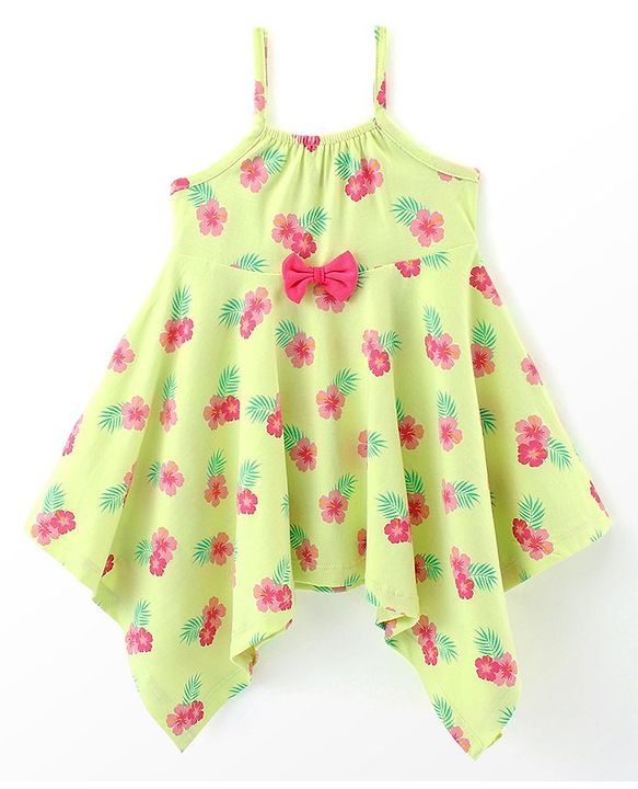 Babyhug 100% Cotton Knit Sleeveless Frock with Floral Print & Bow Applique - Lime Green