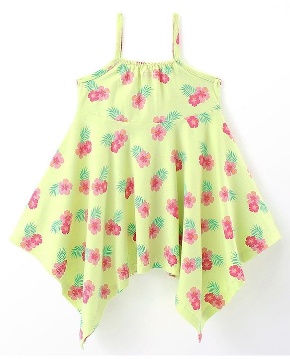 Babyhug 100% Cotton Knit Sleeveless Frock with Floral Print & Bow Applique - Lime Green