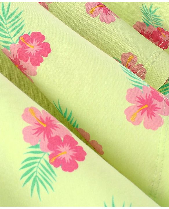 Babyhug 100% Cotton Knit Sleeveless Frock with Floral Print & Bow Applique - Lime Green