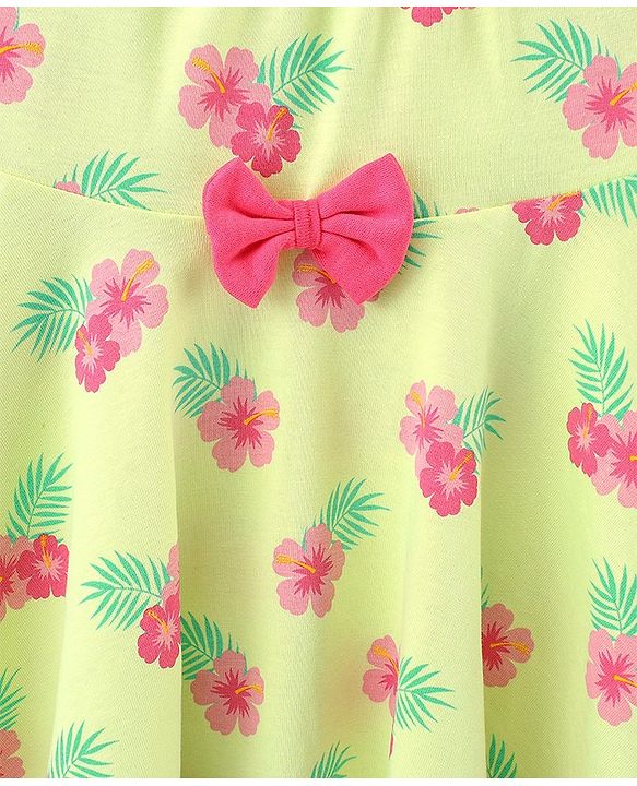 Babyhug 100% Cotton Knit Sleeveless Frock with Floral Print & Bow Applique - Lime Green