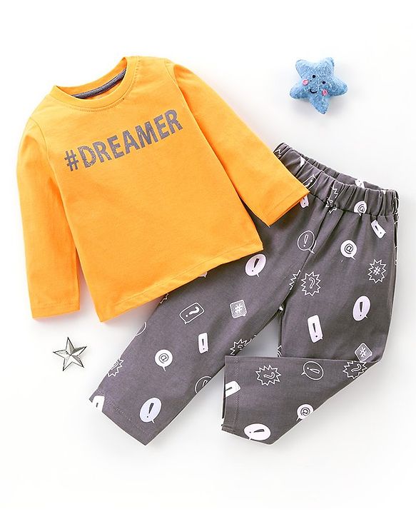 Babyhug Cotton Knit Full Sleeves Night Suit Dreamer Print - Grey & Yellow