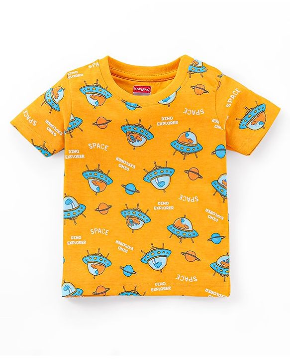 Babyhug Cotton Knit Half Sleeves Night Suit Spacecraft Print - Yellow