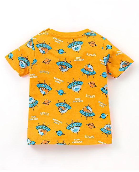 Babyhug Cotton Knit Half Sleeves Night Suit Spacecraft Print - Yellow