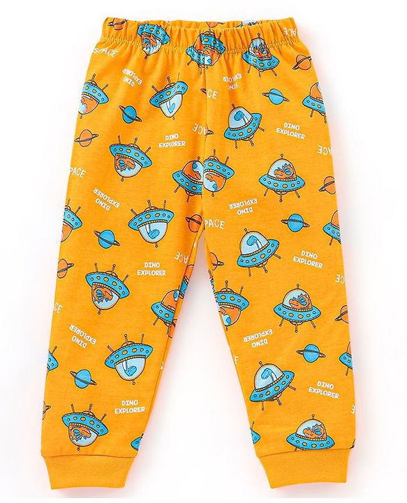 Babyhug Cotton Knit Half Sleeves Night Suit Spacecraft Print - Yellow