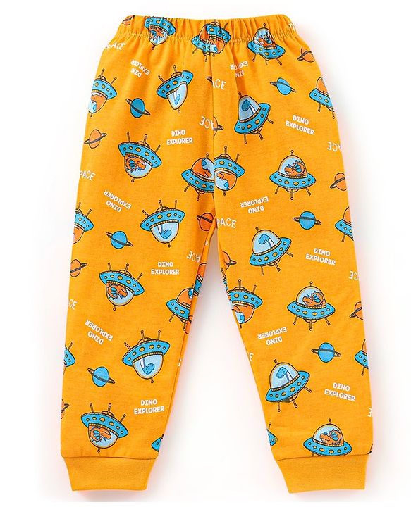 Babyhug Cotton Knit Half Sleeves Night Suit Spacecraft Print - Yellow