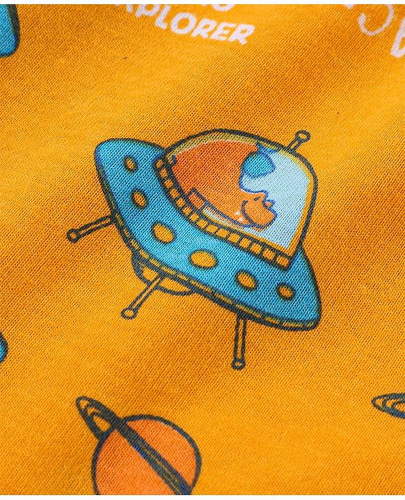 Babyhug Cotton Knit Half Sleeves Night Suit Spacecraft Print - Yellow
