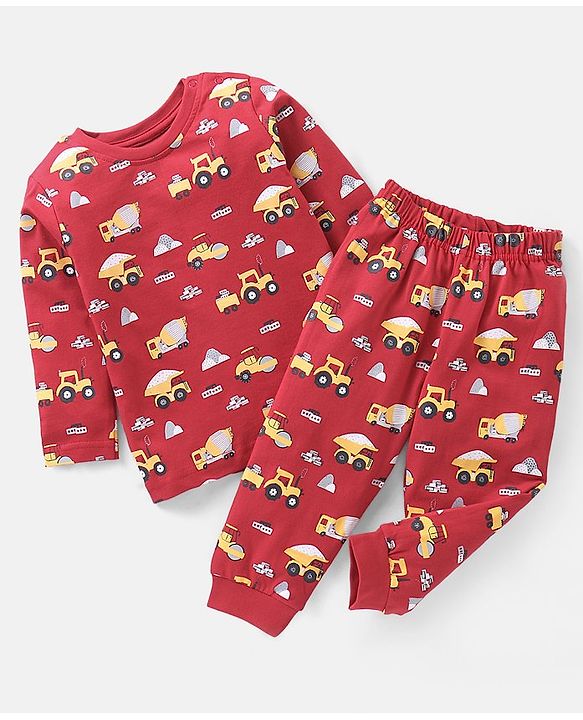 Babyhug Cotton Knit Full Sleeves Vehicles Print Night Suit - Red