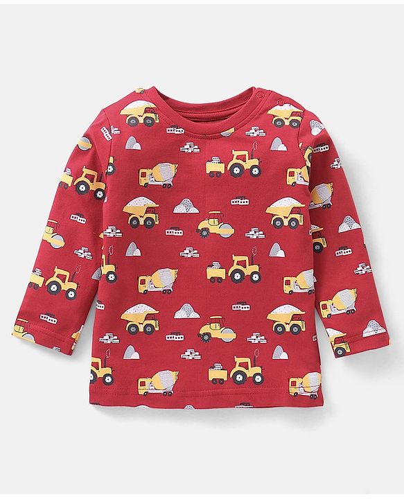 Babyhug Cotton Knit Full Sleeves Vehicles Print Night Suit - Red