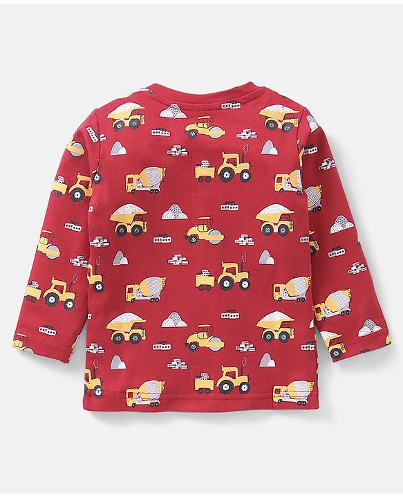 Babyhug Cotton Knit Full Sleeves Vehicles Print Night Suit - Red