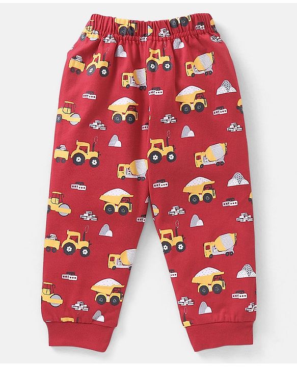 Babyhug Cotton Knit Full Sleeves Vehicles Print Night Suit - Red