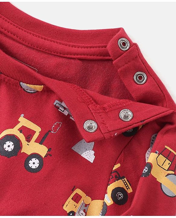 Babyhug Cotton Knit Full Sleeves Vehicles Print Night Suit - Red