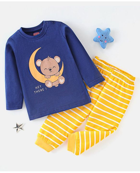 Babyhug Cotton Full Sleeves Pyjama Nightwear Set Bear Print - Blu & Yellow