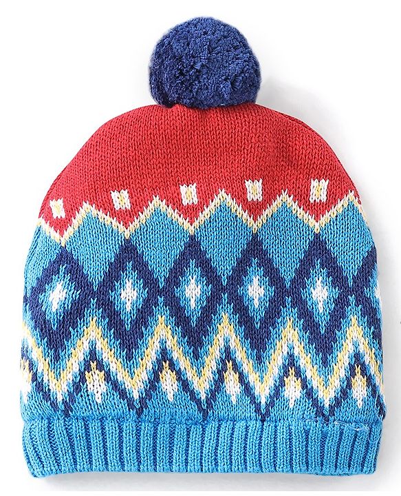 Babyhug Organic Cotton Woollen Cap and Mitten Set Diamond Design Blue -  Cap Diameter 9.5 cm