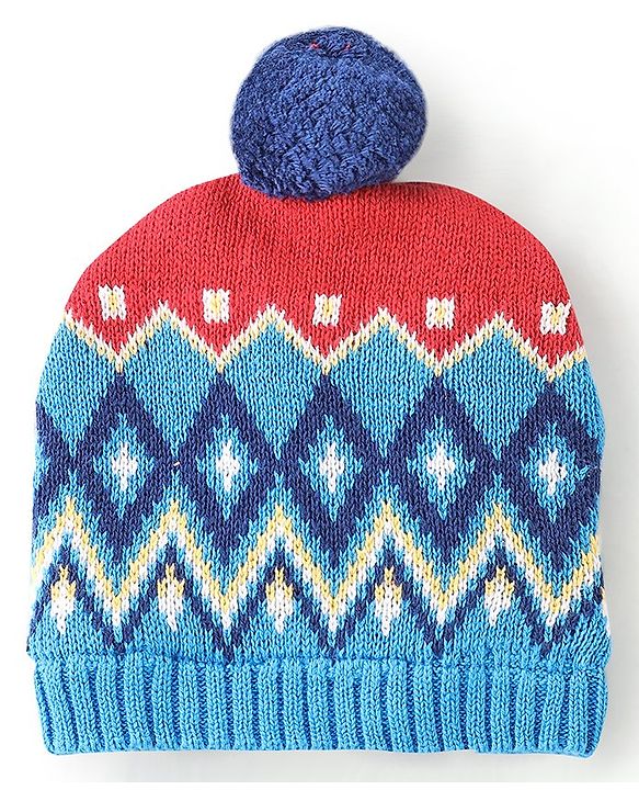 Babyhug Organic Cotton Woollen Cap and Mitten Set Diamond Design Blue -  Cap Diameter 9.5 cm