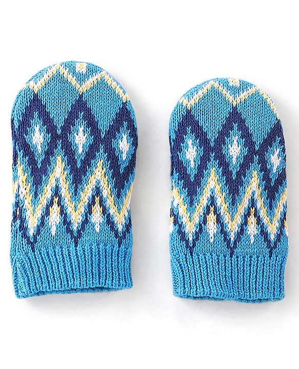 Babyhug Organic Cotton Woollen Cap and Mitten Set Diamond Design Blue -  Cap Diameter 9.5 cm