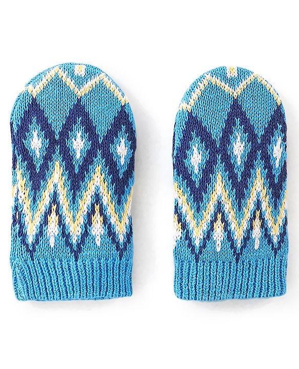 Babyhug Organic Cotton Woollen Cap and Mitten Set Diamond Design Blue -  Cap Diameter 9.5 cm
