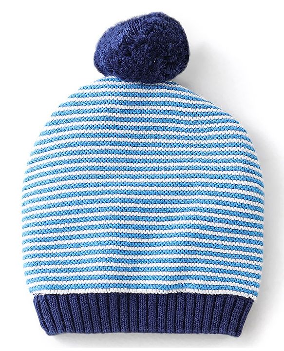 Babyhug Organic Cotton Woollen Cap and Mitten Set Stripes Design Blue - Cap Diameter 9.5 cm