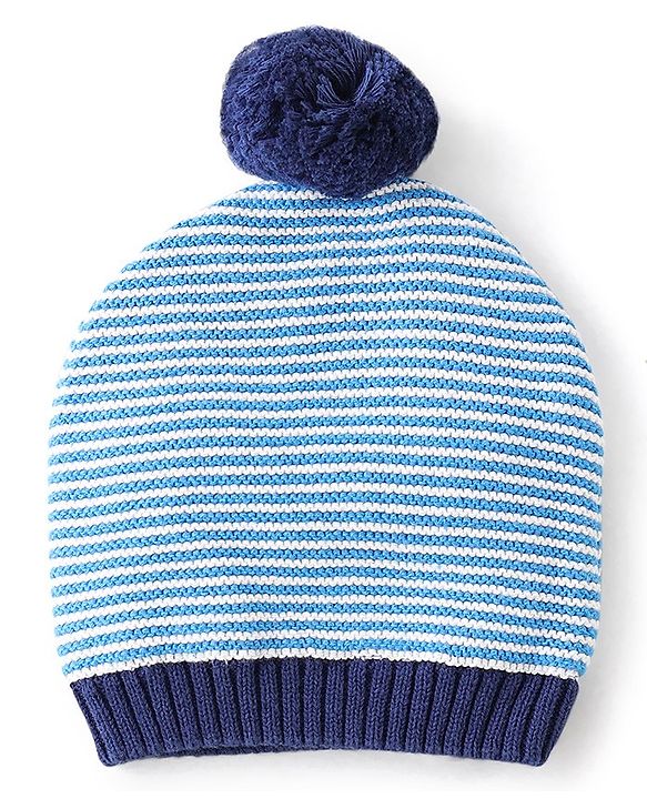 Babyhug Organic Cotton Woollen Cap and Mitten Set Stripes Design Blue - Cap Diameter 9.5 cm
