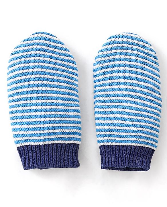 Babyhug Organic Cotton Woollen Cap and Mitten Set Stripes Design Blue - Cap Diameter 9.5 cm