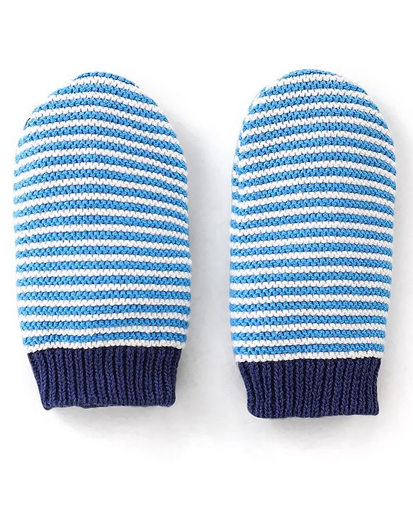 Babyhug Organic Cotton Woollen Cap and Mitten Set Stripes Design Blue - Cap Diameter 9.5 cm