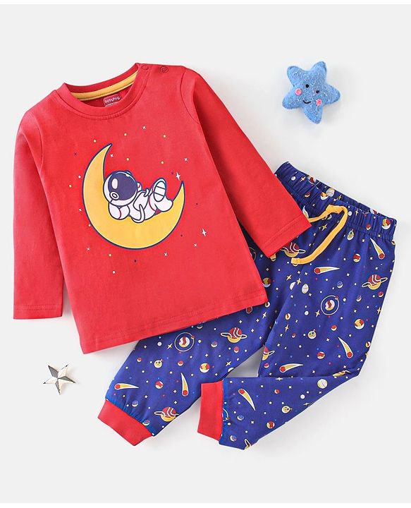 Babyhug Cotton Full Sleeves Pyjama Nightwear Set Bear Print - Blue & Red