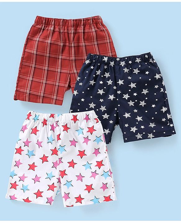 Babyhug Cotton Woven Boxers Checks & Star Print Pack of 3- Maroon Blue & White