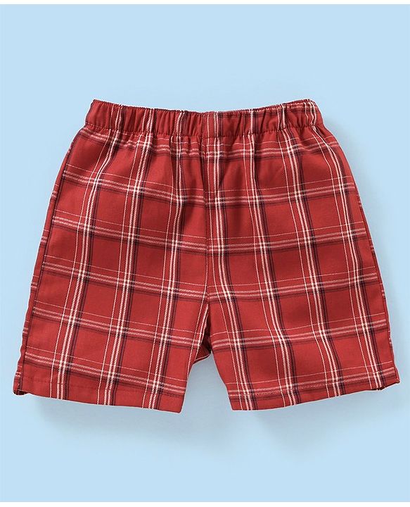 Babyhug Cotton Woven Boxers Checks & Star Print Pack of 3- Maroon Blue & White