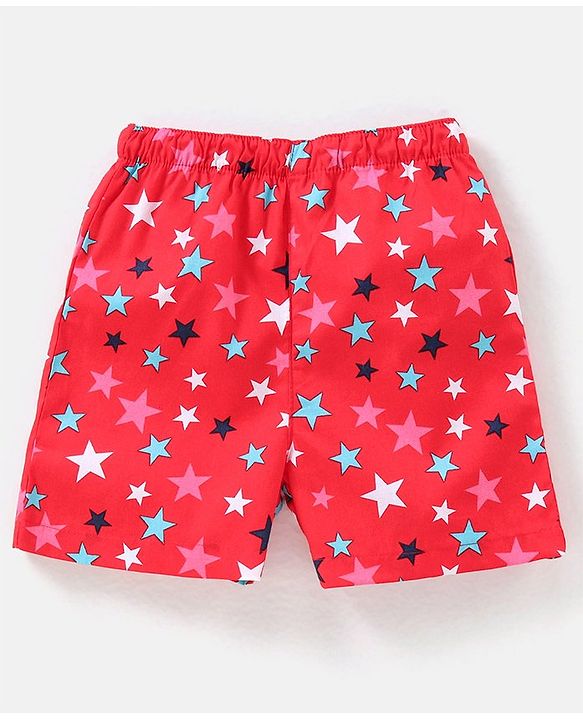 Babyhug Cotton Woven Boxers Checks & Moon Print Pack of 3 - Blue & Red