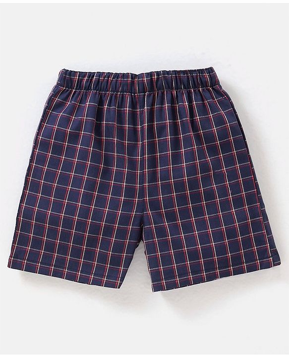 Babyhug Cotton Woven Boxers Checks & Moon Print Pack of 3 - Blue & Red