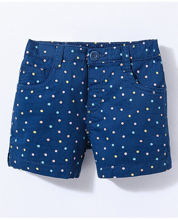 Babyhug Cotton Spandex Woven Mid Thigh Stretchable Shorts Polka Dots Print - Navy Blue