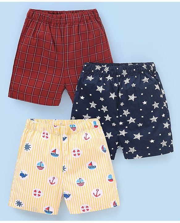 Babyhug Cotton Knit Boxers Boat & Stars Print Pack of 3 - Maroon Navy Blue  & Yellow