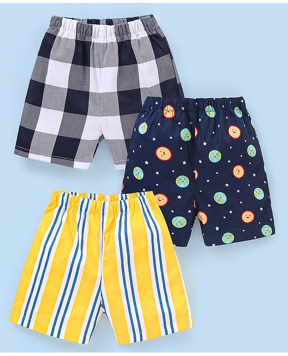 Babyhug Cotton Knit Boxers Checks & Stripes Print Pack of 3 - Yellow & Blue