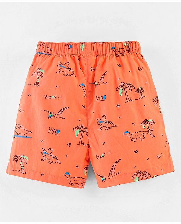Babyhug Cotton Boxers Checks & Dino Print Pack of 3- Orange & Blue