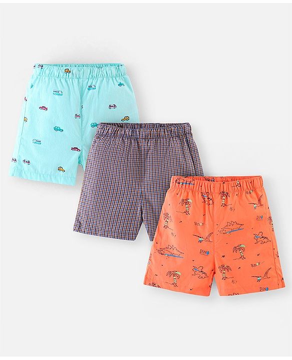 Babyhug Cotton Boxers Checks & Dino Print Pack of 3- Orange & Blue