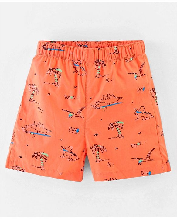 Babyhug Cotton Boxers Checks & Dino Print Pack of 3- Orange & Blue
