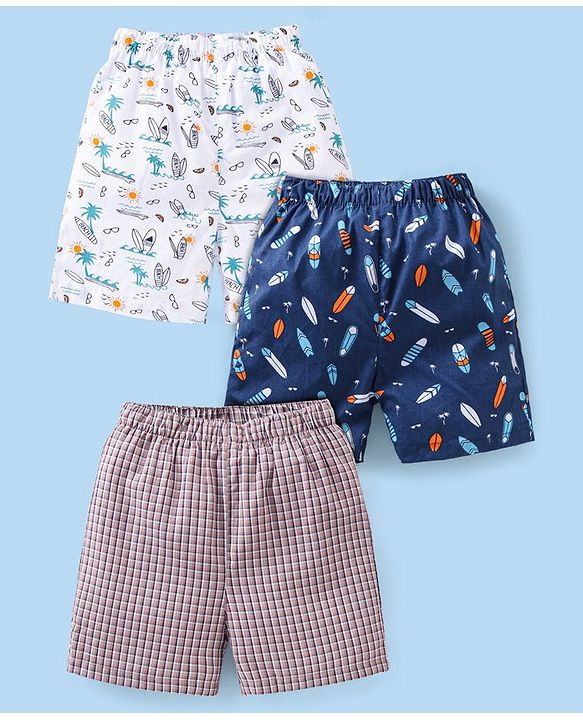 Babyhug Cotton Woven Boxer Checks & Surfboard Print Pack of 3 - White & Blue