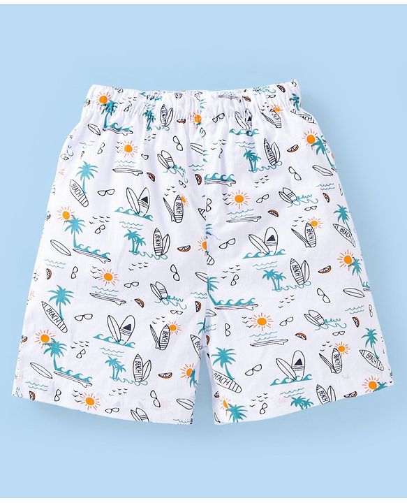 Babyhug Cotton Woven Boxer Checks & Surfboard Print Pack of 3 - White & Blue