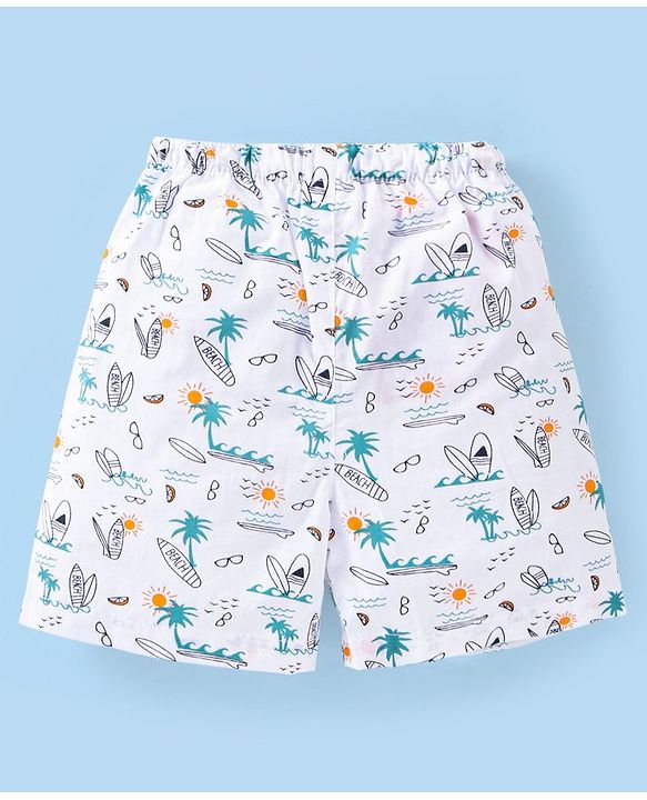 Babyhug Cotton Woven Boxer Checks & Surfboard Print Pack of 3 - White & Blue