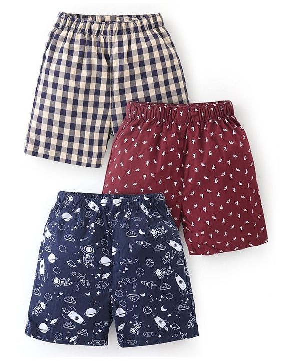 Babyhug Cotton Knit Boxer Checks & Space Print Pack of 3 - Beige Red & Blue