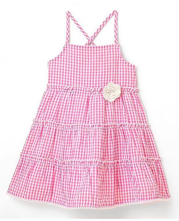 Babyhug Seer Sucker Yarndyed Checks Singlet Frock With Corsage - Pink