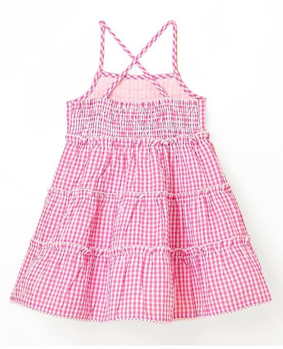 Babyhug Seer Sucker Yarndyed Checks Singlet Frock With Corsage - Pink