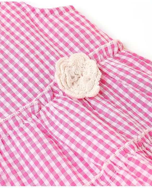 Babyhug Seer Sucker Yarndyed Checks Singlet Frock With Corsage - Pink
